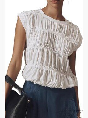 Tiered Shirred Smocked Crop Tank Top Cap Sleeve Crew Neck Going Out Blouse